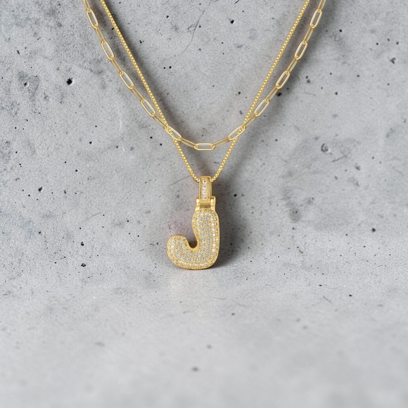 Gold Pavé Initial “J” Necklace ✨ Layered Chain Bubble Letter Pendant - Picture 3 of 3